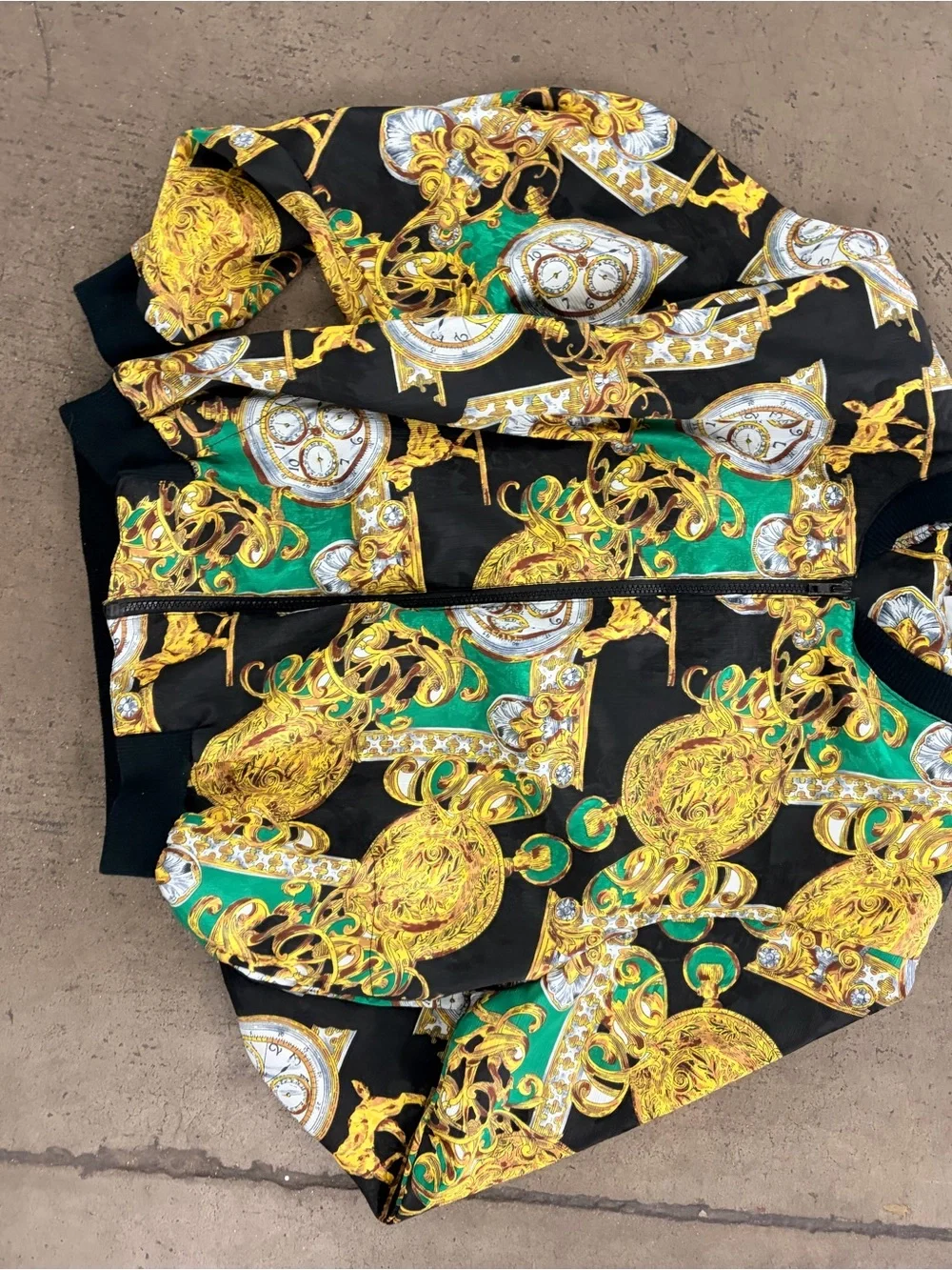 Vintage Black & Gold Baroque-Print Zip Jacket with Emerald Accents